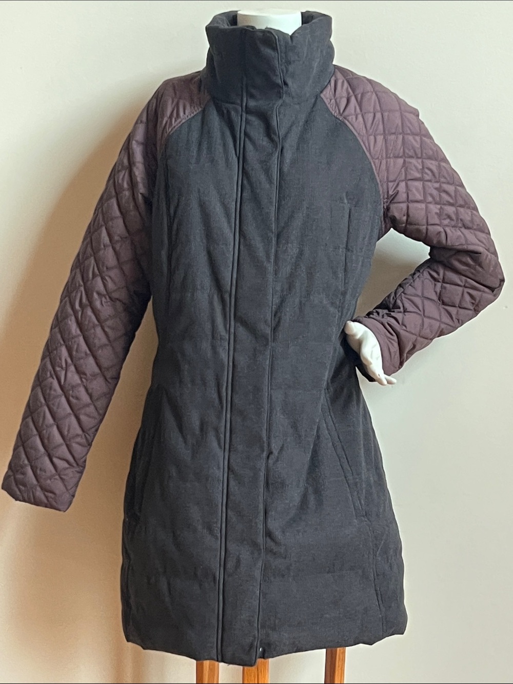 Prana Quilted Plum Sleeve Mid-Length Coat with Charcoal Body